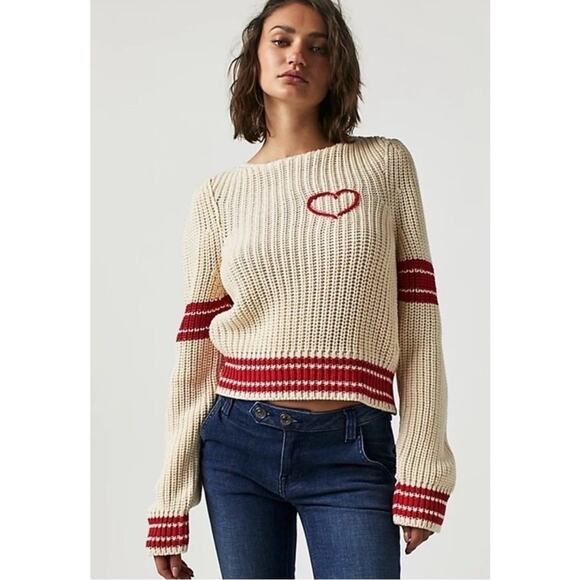 Free People Cream/Red Sweater w Heart - Picture 1 of 9